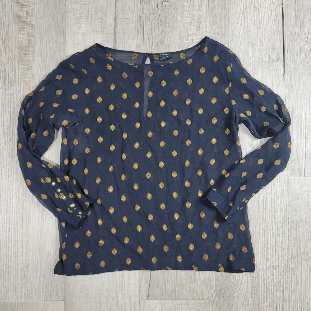 Club Monaco Navy Embroidered Gold Sheer Blouse | Size XS